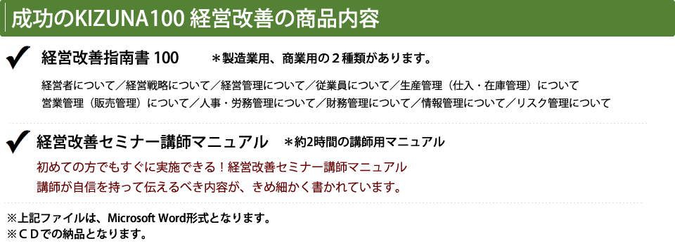 KIZUNA100経営改善の商品内容